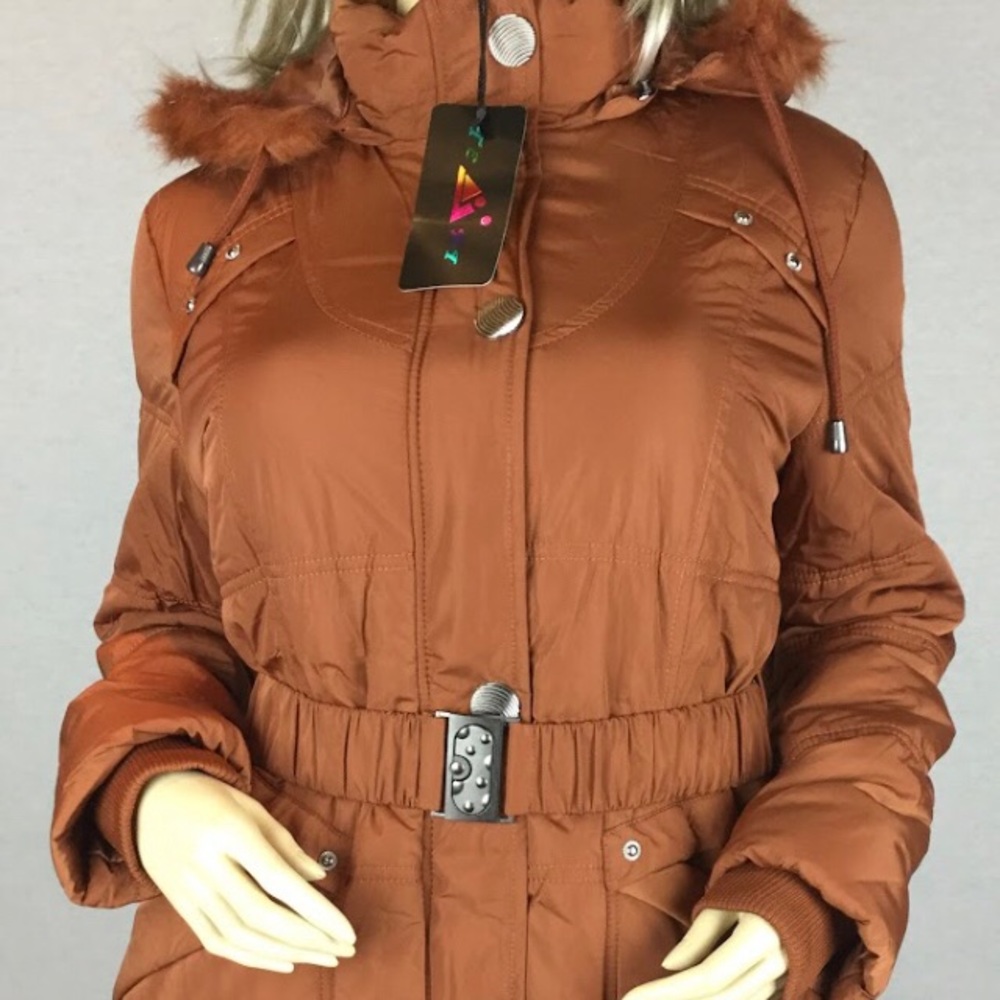 Practical Long Women’s winter Jacket mango colour fly zipper attachable hood